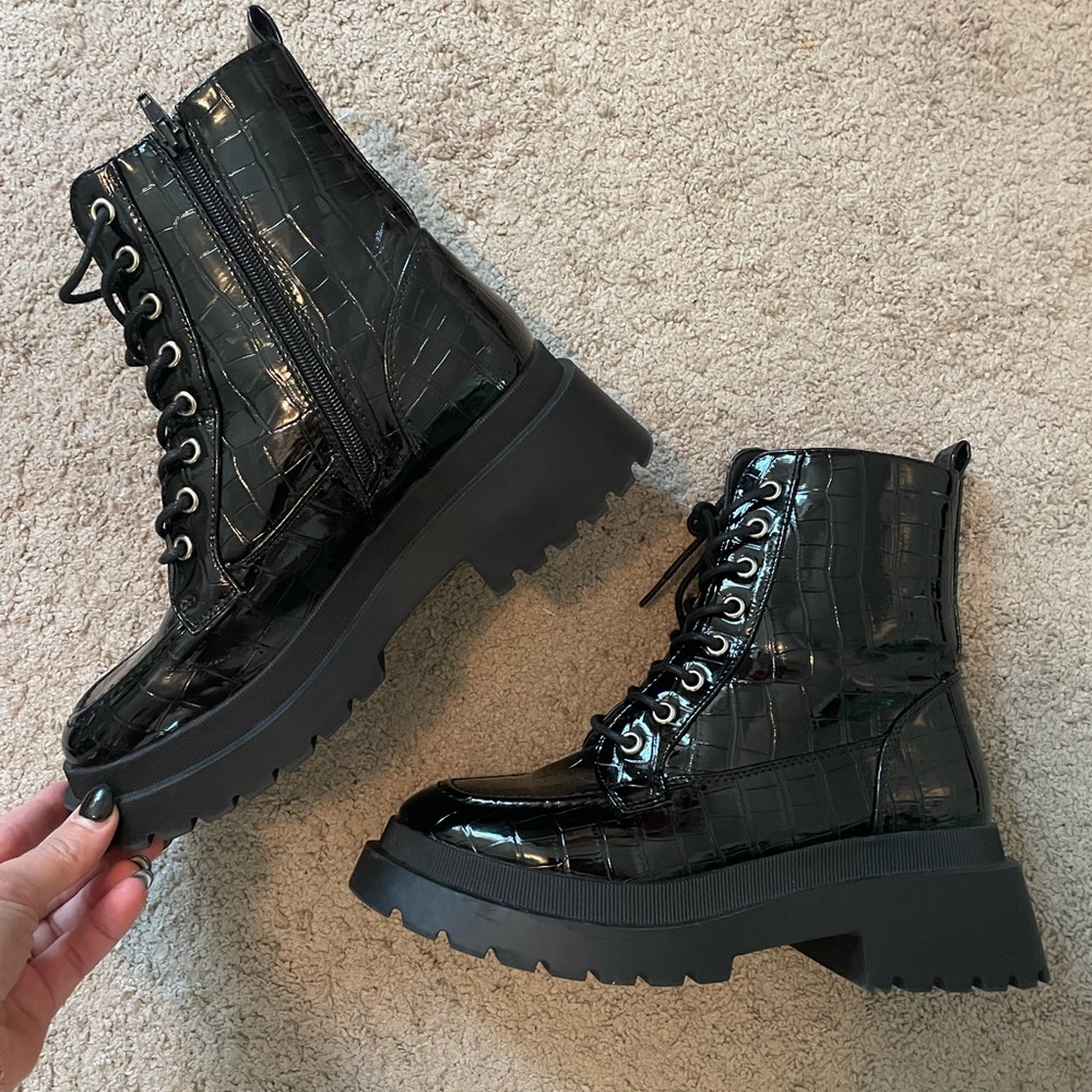 Black Croc-Embossed Lace-Up Ankle Boots